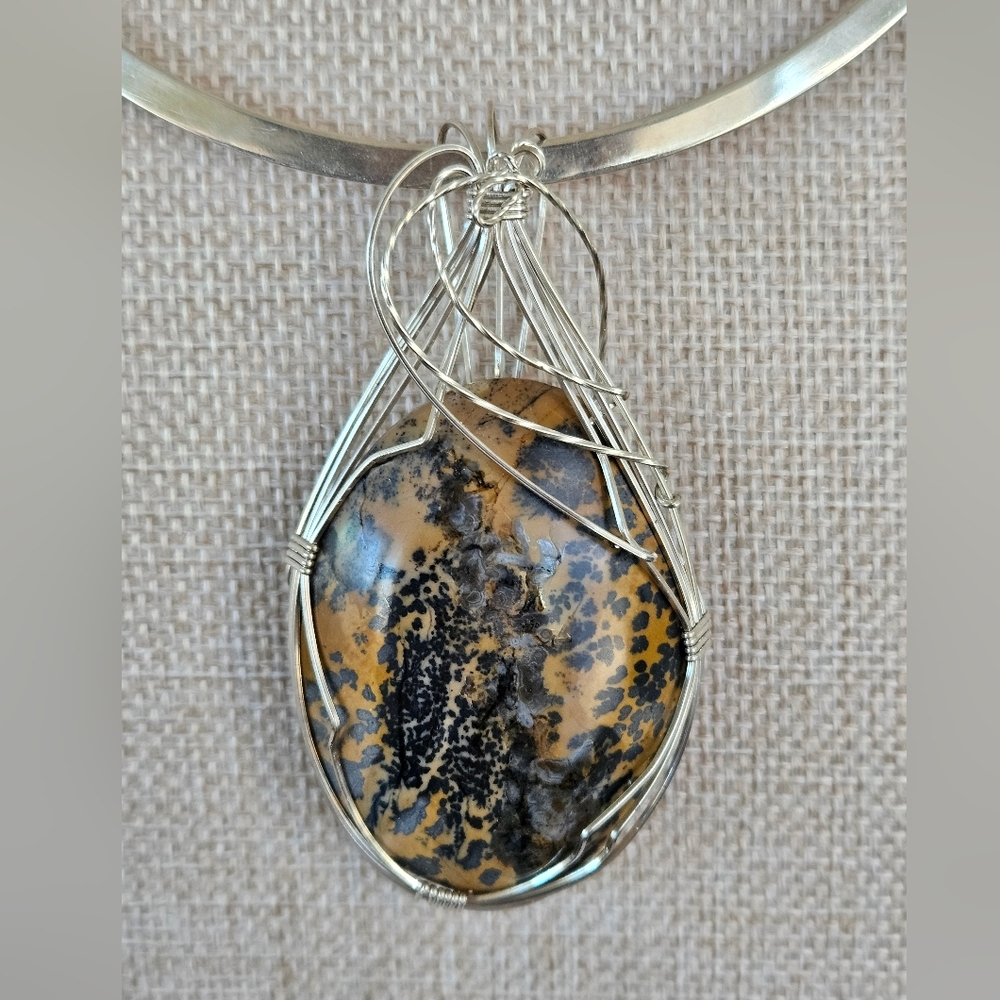Black and Tan Jasper Sterling Silver Wire Wrapped Pendant
